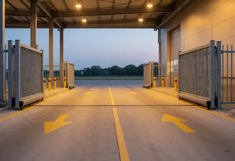 Entrée d'un centre de lavage automobile avec portes métalliques ouvertes, flèches jaunes au sol et éclairage allumé au crépuscule.