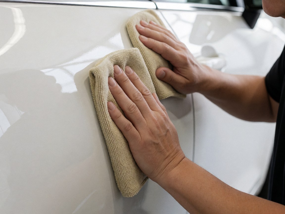 Main adulte tenant un chiffon microfibre pour polir la portière d'une voiture blanche brillante avec des reflets visibles sur un fond blanc uni.