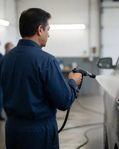 Un employé en tenue sombre utilise un pistolet à eau sous pression pour nettoyer un véhicule dans un atelier industriel, avec un arrière-plan flou mettant en valeur l'action.
