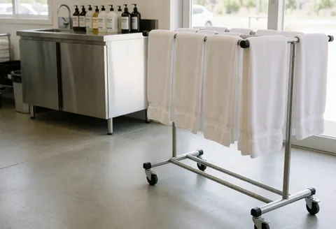 Portant métallique avec serviettes blanches, montrant une zone de préparation propre et organisée pour le lavage de voitures, avec une station de produits en arrière-plan.