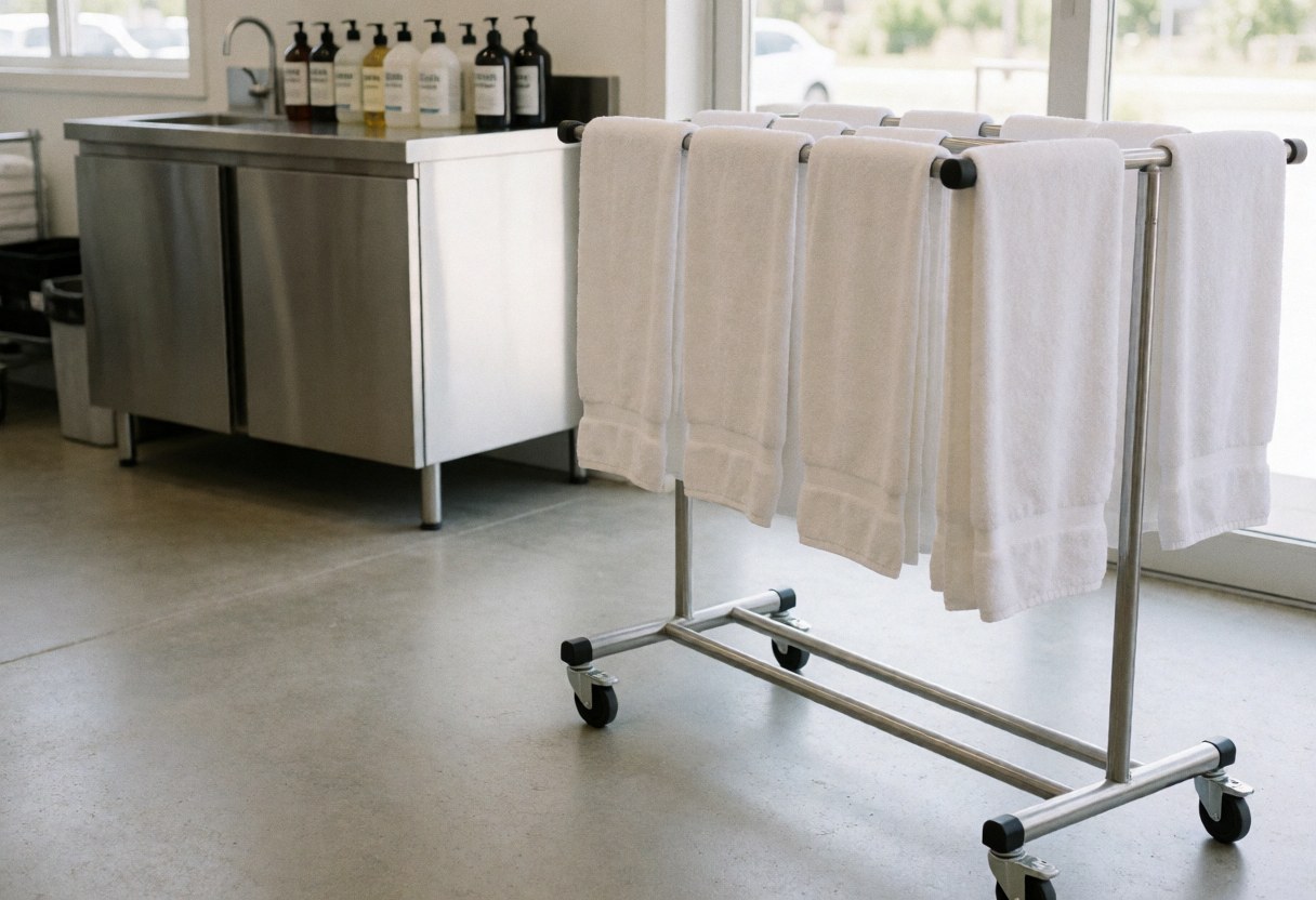 Portant métallique avec serviettes blanches, montrant une zone de préparation propre et organisée pour le lavage de voitures, avec une station de produits en arrière-plan.