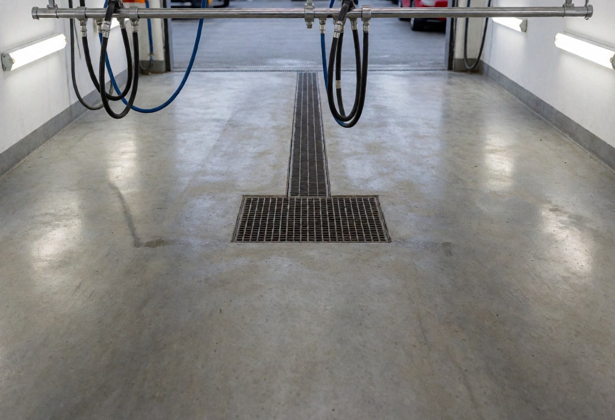 Vue d'un poste de lavage automobile équipé d'une robinetterie en métal sur un sol en béton sous un éclairage fluorescent.