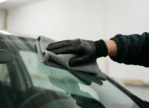 Une main portant un gant noir utilise un chiffon gris pour nettoyer le pare-bris d'une voiture dans un atelier, révélant une surface brillante et réfléchissante sur fond blanc flou.