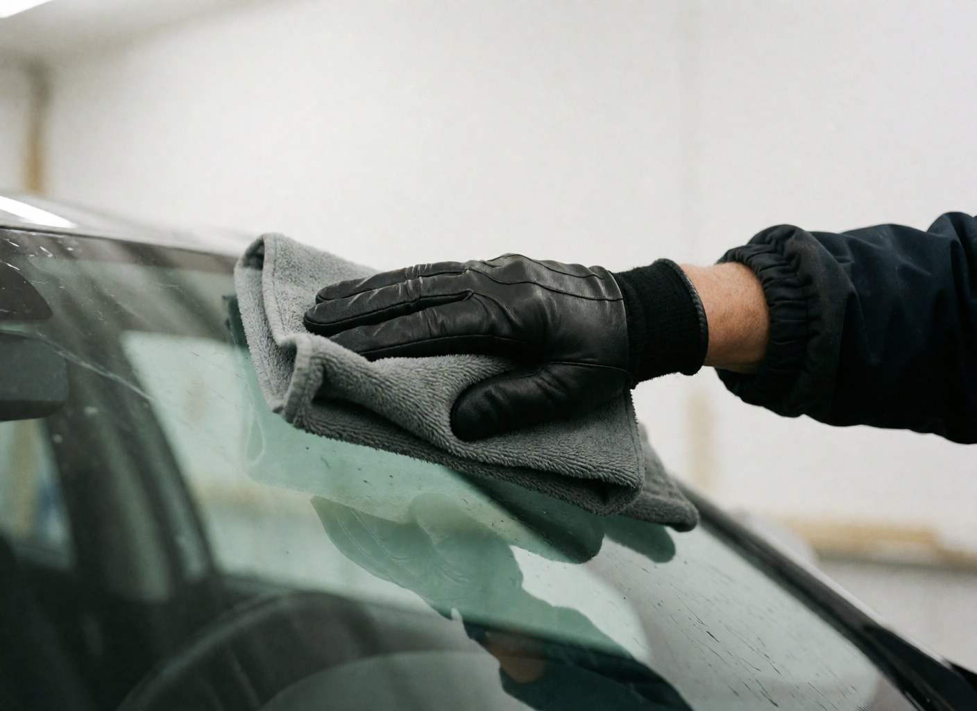 Une main portant un gant noir utilise un chiffon gris pour nettoyer le pare-bris d'une voiture dans un atelier, révélant une surface brillante et réfléchissante sur fond blanc flou.