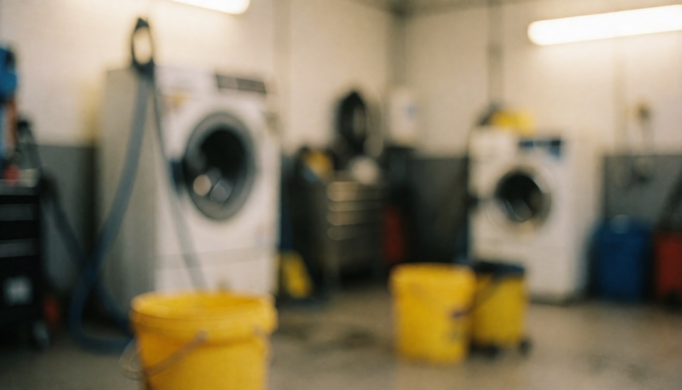 Arrière-plan flou d'un atelier de lavage de voitures avec des machines, des seaux jaunes et des outils, éclairage chaleureux et ambiance professionnelle pour textes.