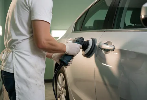 Un professionnel portant des gants et un tablier blanc utilise un polisseur électrique sur la portière d'une voiture argentée, devant un mur vert éclairé par une lampe de travail.