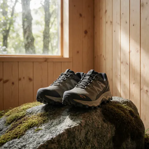 Paire de chaussures de course en nature posées sur un rocher couvert de mousse dans un intérieur boisé avec vue sur la forêt.
