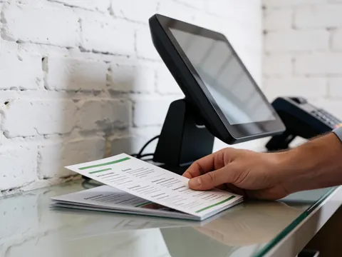 Une main pose un dépliant de services sur une table en verre devant un terminal de paiement, avec un mur de briques blanches en arrière-plan.