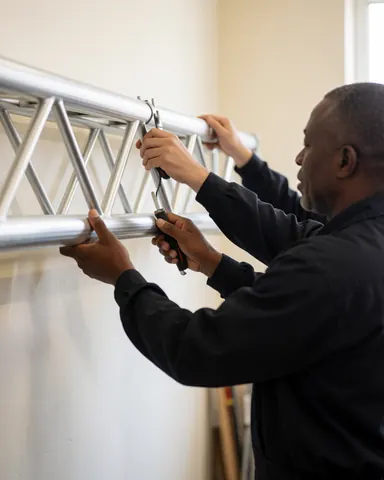 Un technicien en uniforme sombre assemble une structure de truss métallique avec un outil dans un atelier aux murs clairs et à la lumière naturelle.