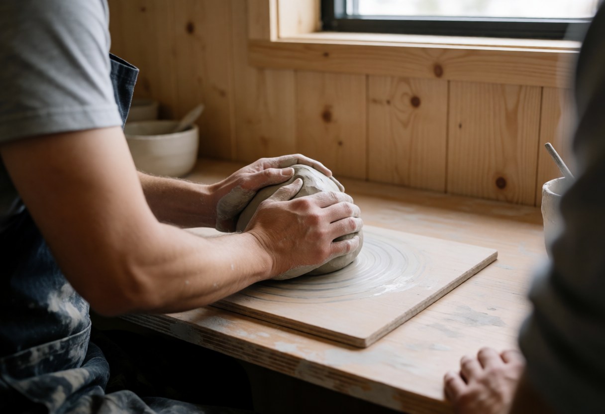 Des mains d'artisan façonnant de l'argile sur une planche en bois clair, baignées de lumière naturelle entrant par une fenêtre.
