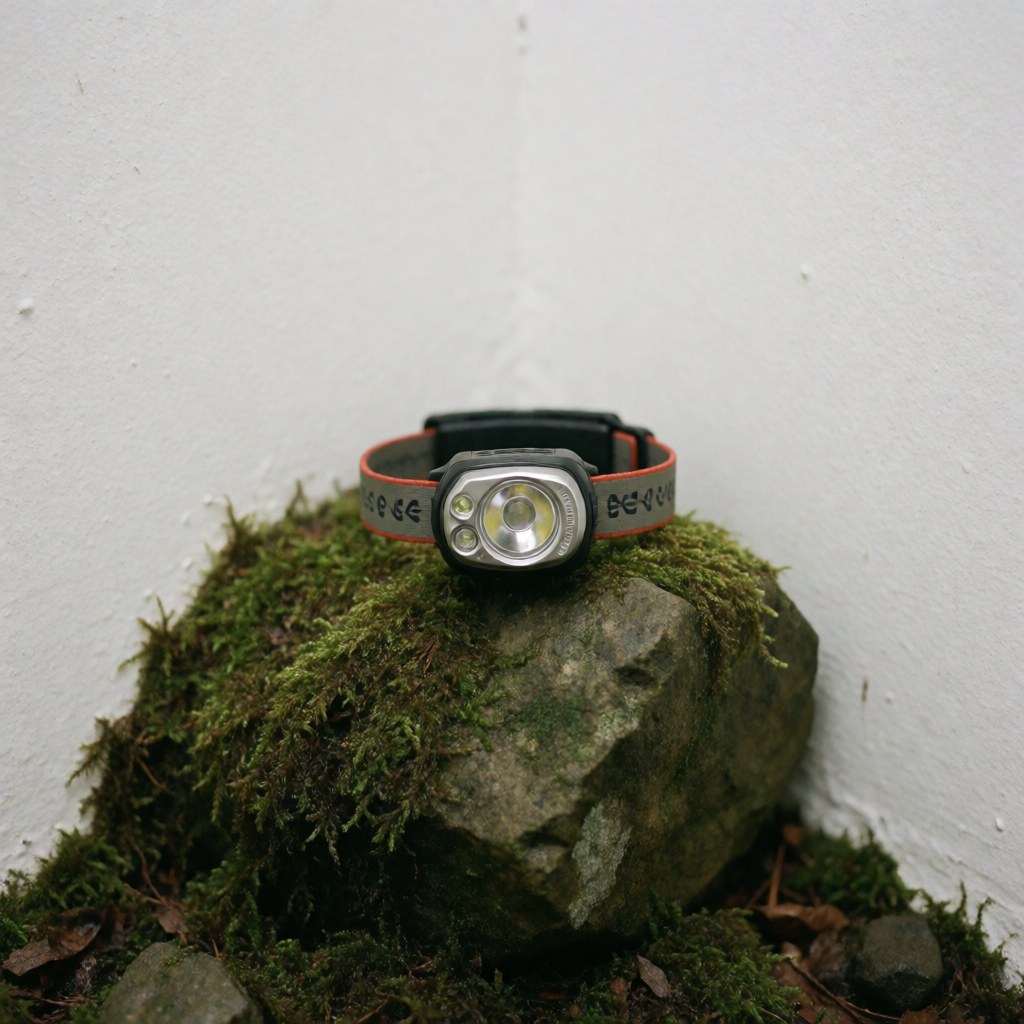Une lampe frontale moderne repose sur un rocher recouvert de mousse humide, sur un fond blanc uni, évoquant la préparation pour des activités en plein air.