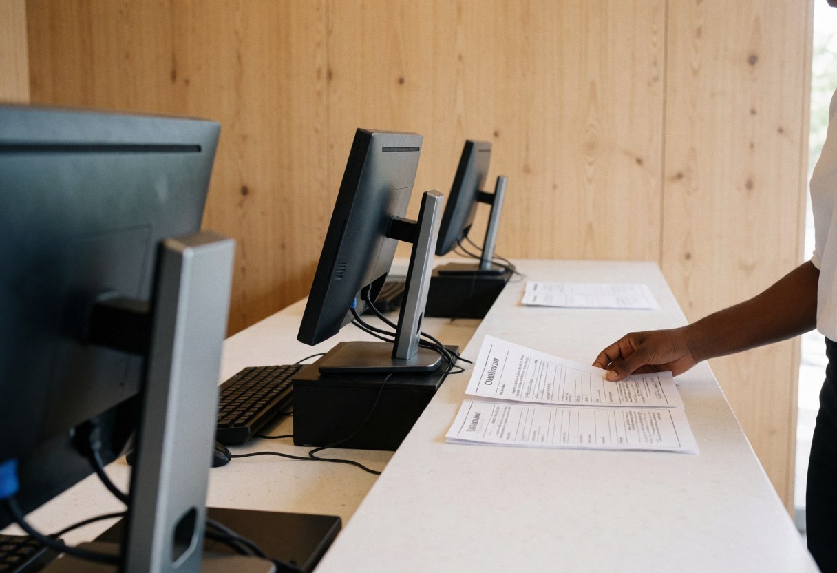 Un bureau de réception dans un parc d'aventure est équipé d'ordinateurs et de documents posés sur une surface en bois clair, tandis qu'une main trie des papiers.