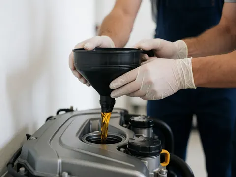 Mains gantées versent de l'huile jaune à travers un entonnoir dans le moteur d'une moto sur fond blanc, mettant en valeur les détails du processus.