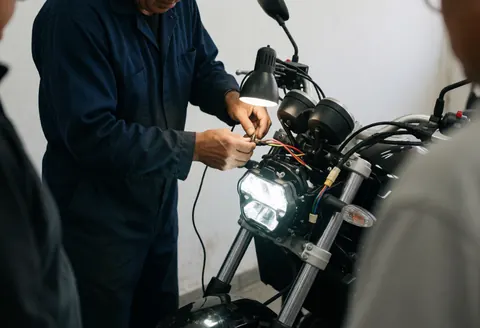 Un mécanicien portant un masque sombre branche des câbles de phare LED sur une moto dans un atelier propre et bien éclairé.
