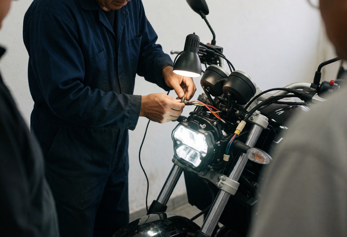 Un mécanicien portant un masque sombre branche des câbles de phare LED sur une moto dans un atelier propre et bien éclairé.