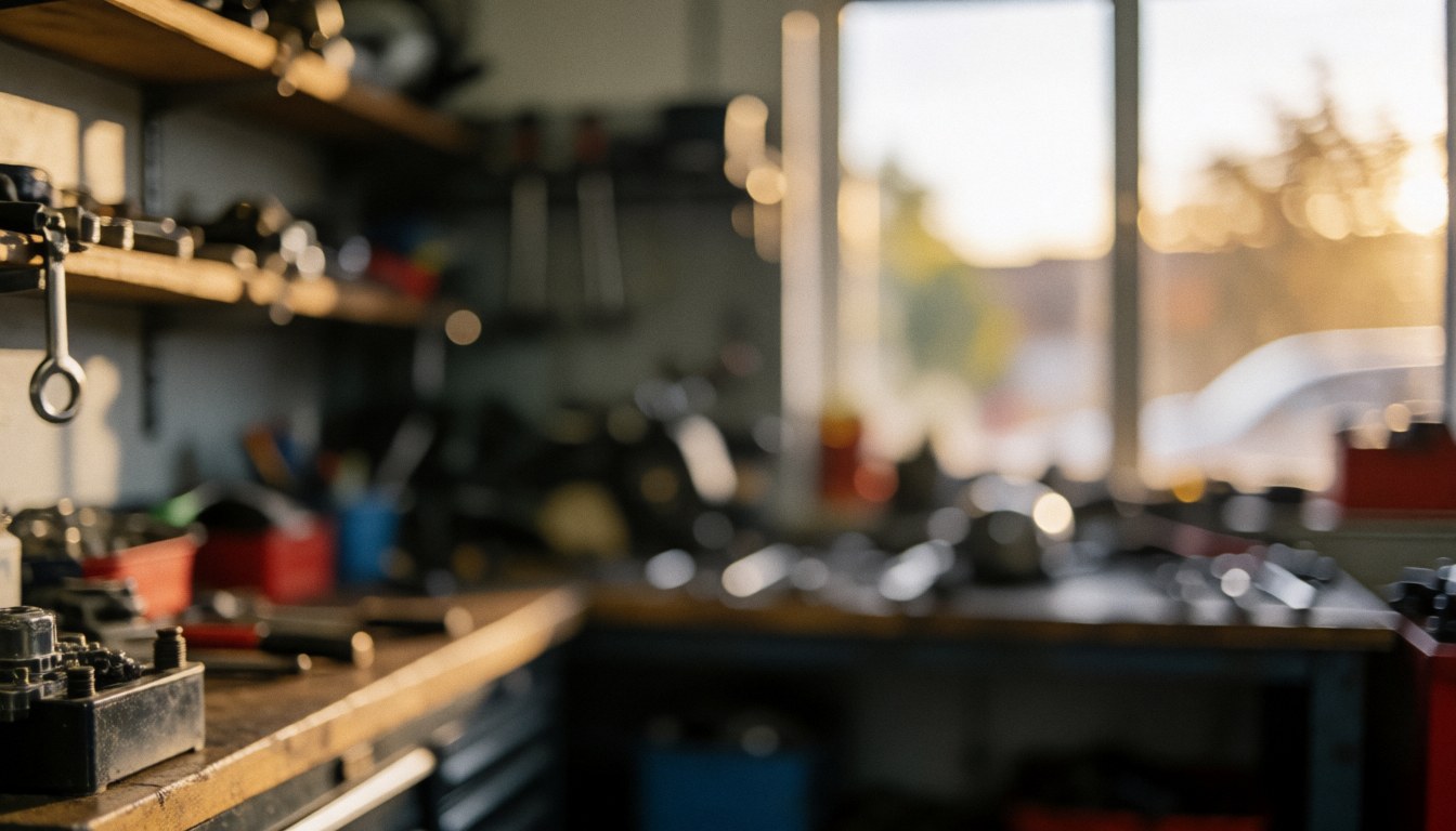 Arrière-plan d'atelier moto montrant des outils rangés sur des étagères, baigné par la lumière dorée du coucher de soleil, idéal pour illustrer des services de réparation.