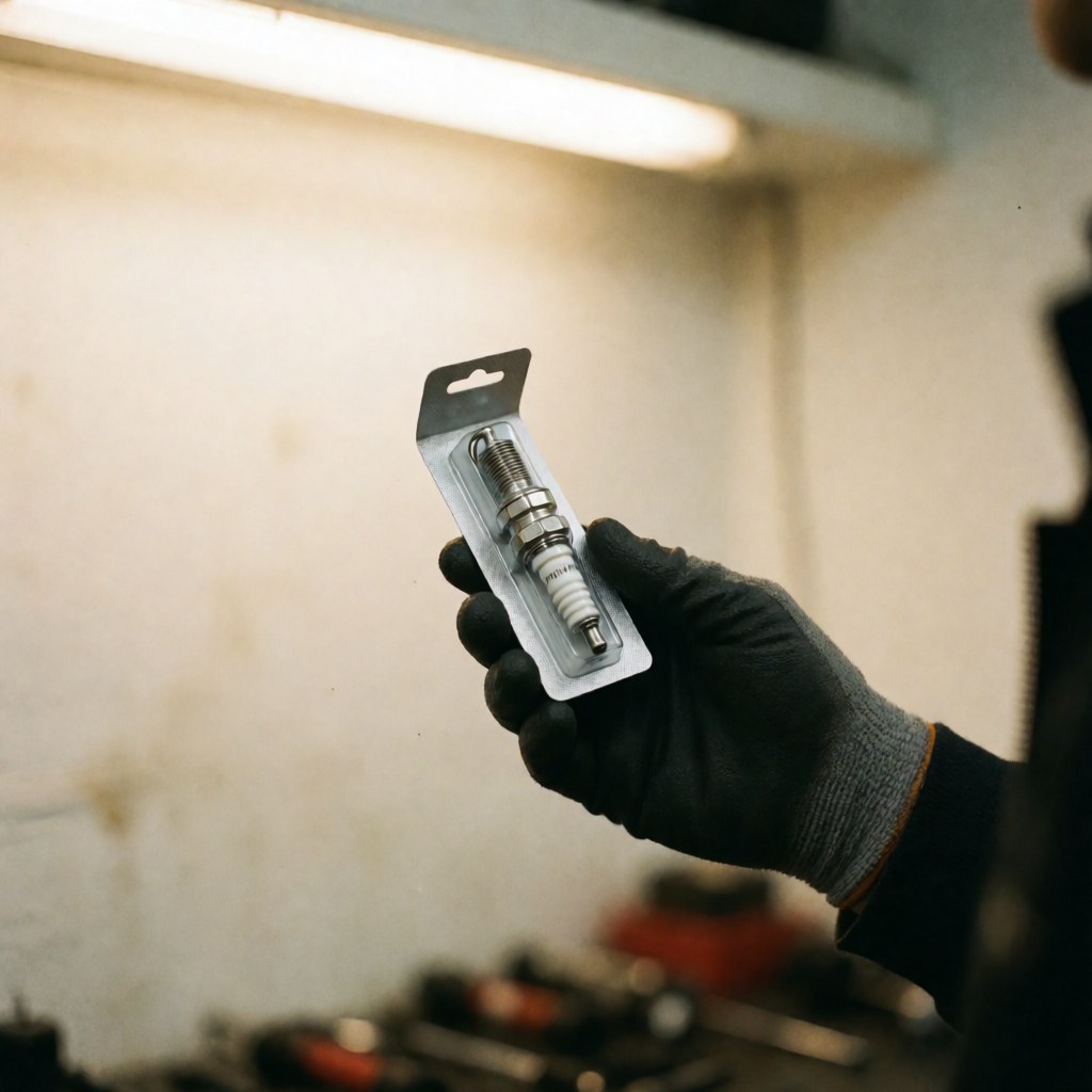 Une main portant un gant tient une bougie d'allumage neuve dans son emballage, dans un atelier mécanique avec des murs blancs et des outils en arrière-plan.