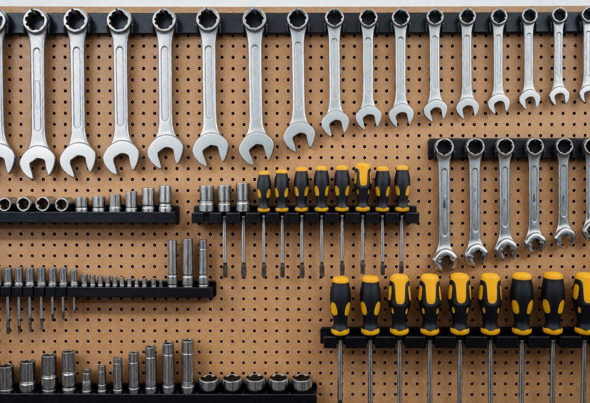 Mur d'outils de réparation de motos avec clés, tournevis et accessoires rangés dans un atelier professionnel.