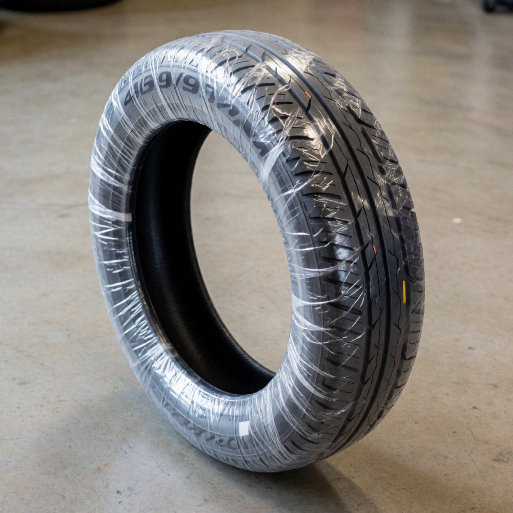 Pneu moto neuf tubeless emballé dans un film plastique transparent posé sur un sol en béton, prêt pour l'installation.