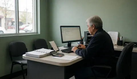 Un homme professionnel utilise une calculatrice et des factures sur son ordinateur dans le bureau d'une réparation de motos avec des chaises et la lumière naturelle.