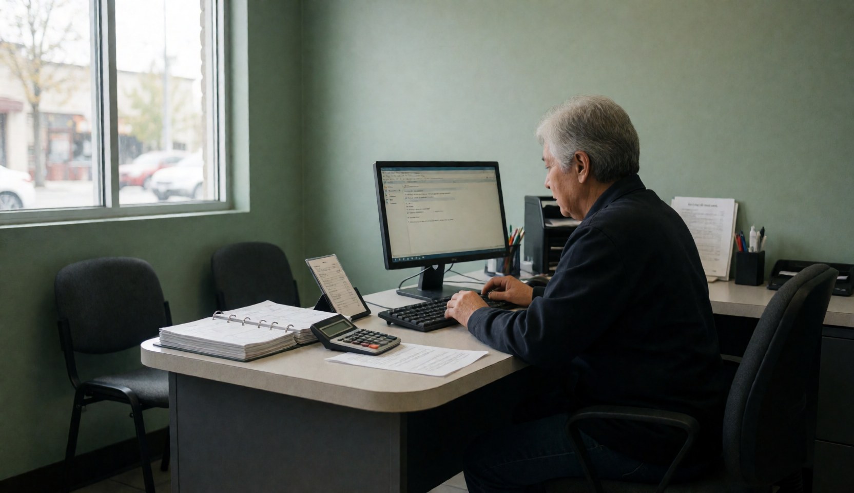Un homme professionnel utilise une calculatrice et des factures sur son ordinateur dans le bureau d'une réparation de motos avec des chaises et la lumière naturelle.