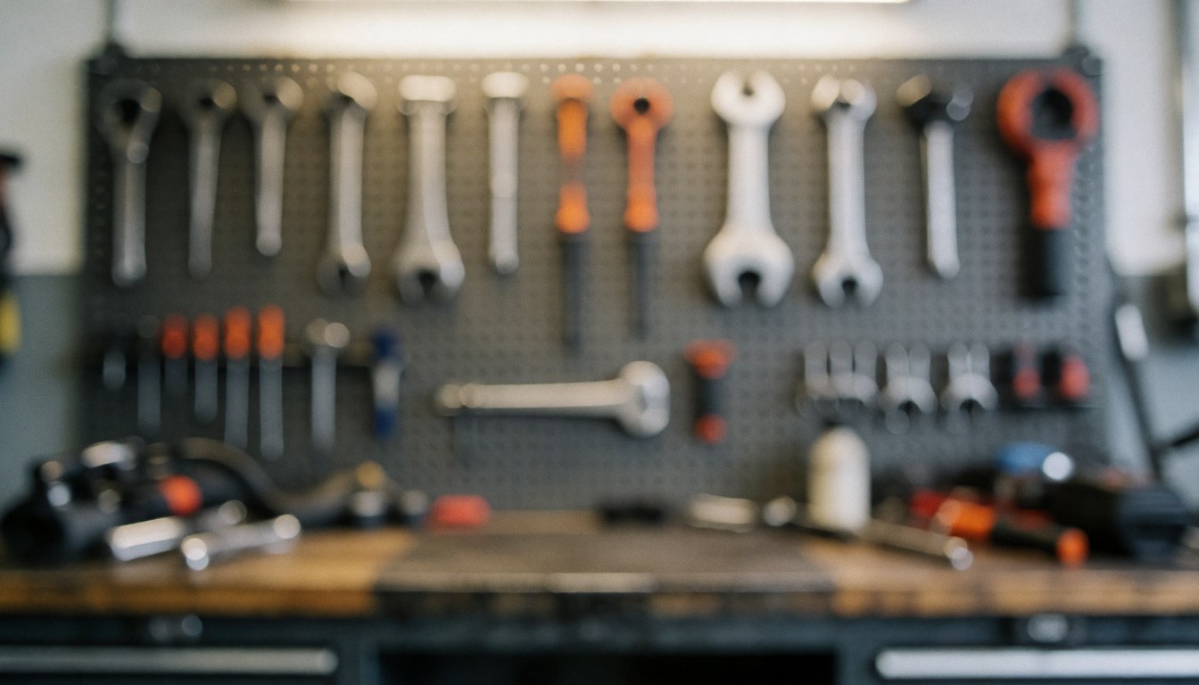 Arrière-plan d'un atelier de mécanique moto avec outils accrochés au mur, tables de travail et éclairage doux pour insérer du texte.