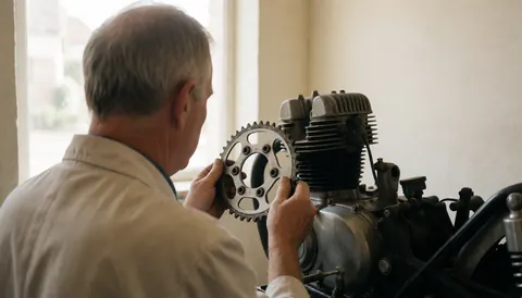 Un mécanicien expérimenté pose un pignon en aluminium sur un moteur de motocyclette dans un atelier baigné de lumière naturelle avec un fond flou.
