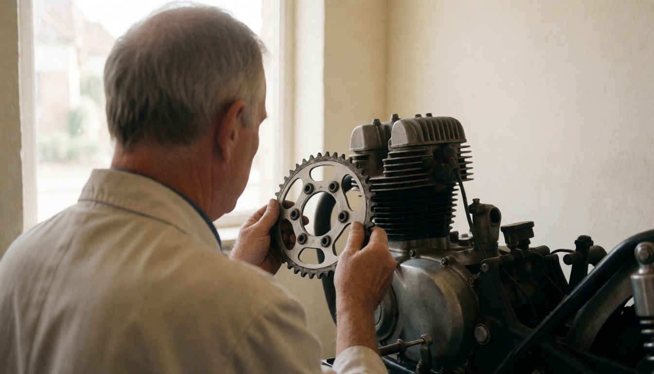 Un mécanicien expérimenté pose un pignon en aluminium sur un moteur de motocyclette dans un atelier baigné de lumière naturelle avec un fond flou.