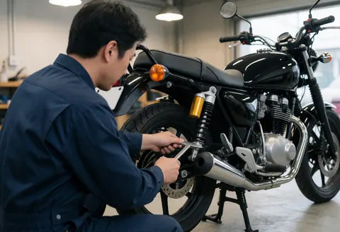 Un mécanicien en uniforme bleu utilise une clé spéciale pour réparer l'amortisseur arrière d'une motocyclette noire dans un atelier bien éclairé.