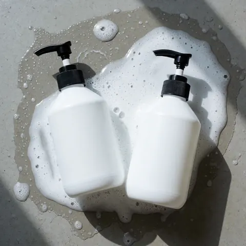 Deux bouteilles blanches avec pompes noires contenant du savon neutre pour voitures, posées sur un sol gris mouillé parsemé d'écume blanche sous une lumière naturelle.