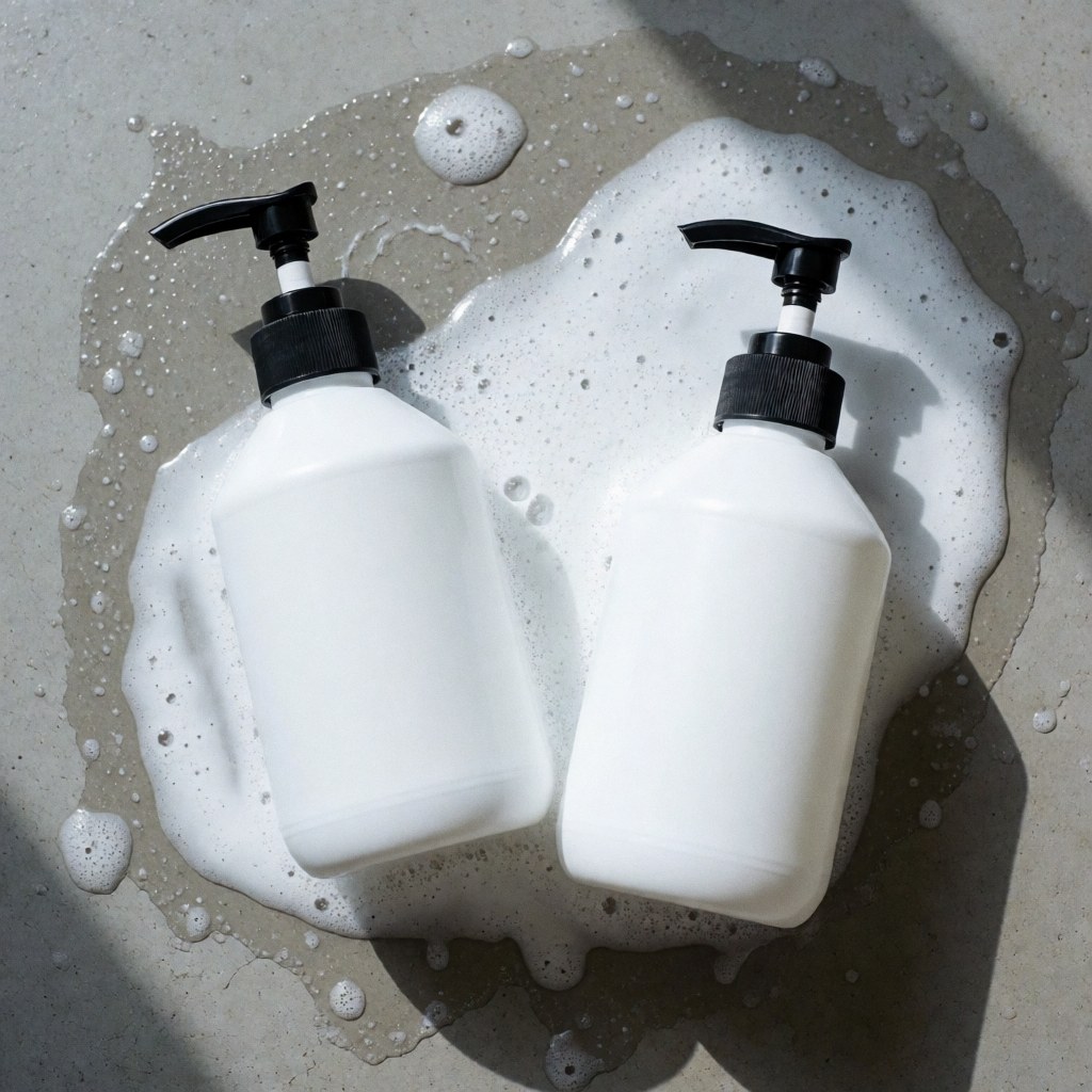 Deux bouteilles blanches avec pompes noires contenant du savon neutre pour voitures, posées sur un sol gris mouillé parsemé d'écume blanche sous une lumière naturelle.