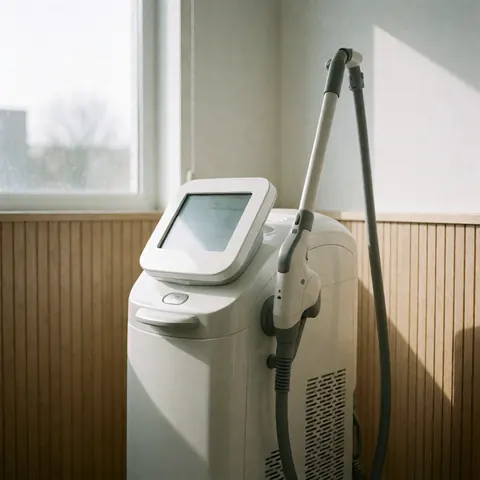 Machine de dépilation laser blanche avec écran numérique et bras flexible, dans une pièce aux murs en bois et à la lumière naturelle, idéale pour les cliniques de beauté.