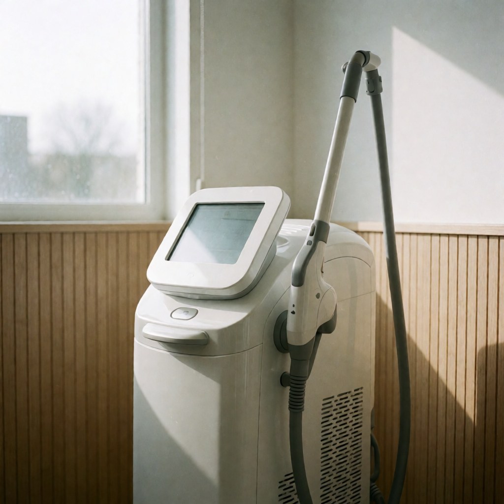 Machine de dépilation laser blanche avec écran numérique et bras flexible, dans une pièce aux murs en bois et à la lumière naturelle, idéale pour les cliniques de beauté.