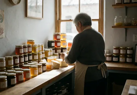 Vue arrière d'une personne arrangeant des pots de miel et du fromage sur un comptoir en bois éclairé par la lumière naturelle d'une fenêtre dans une boutique locale.