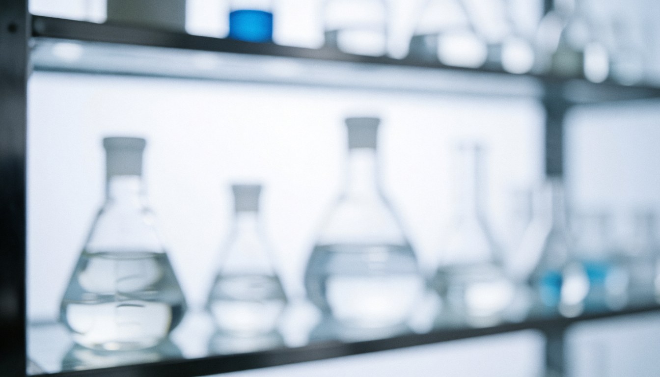 Fond de laboratoire avec des flacons en verre flous, des étagères métalliques et une lumière blanche froide, idéal pour des textes corporatifs.