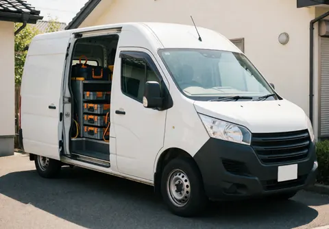 Un fourgon blanc stationné sur une rue résidentielle avec des portes latérales ouvertes révélant des outils et l'équipement pour l'installation de portes de garage.