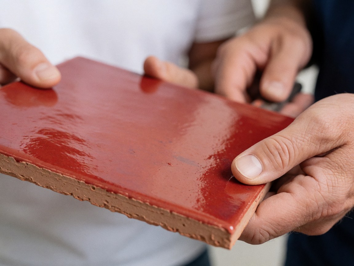 Mains d'un réparateur de toitures tenant une tuile en terre cuite à l'émail rouge brillant, montrant le bord poreux et la texture du matériau.