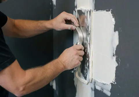 Un professionnel applique du mastic blanc avec une spatule métallique sur une jonction de mur peinte en gris anthracite, illustrant la réparation des murs.