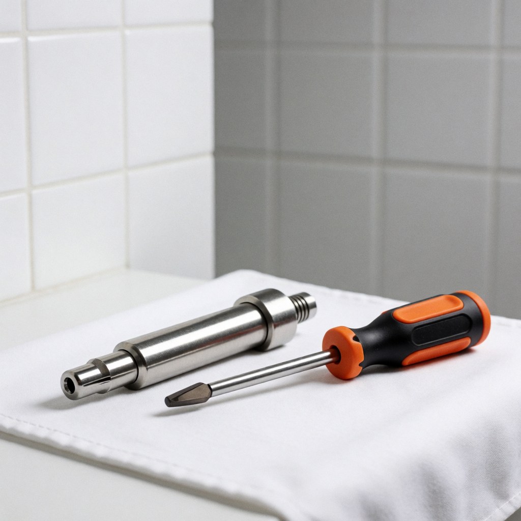 Pince métallique brillante et tournevis à manche orange posés sur un tissu blanc, avec des carreaux gris et blancs en arrière-plan.