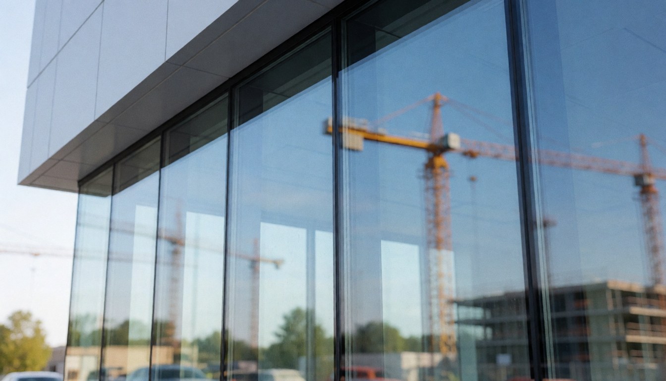 Fond professionnel de verre moderne et propre reflétant des grues de construction et un ciel bleu, idéal pour les services de nettoyage de vitrines.