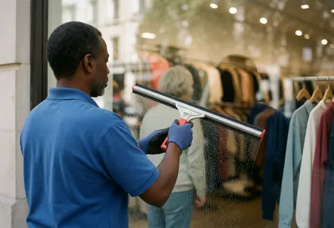 Un employé en gants utilise une raclette pour nettoyer la vitrine d'un commerce. On aperçoit des vêtements suspendus et un éclairage intérieur flou en arrière-plan.