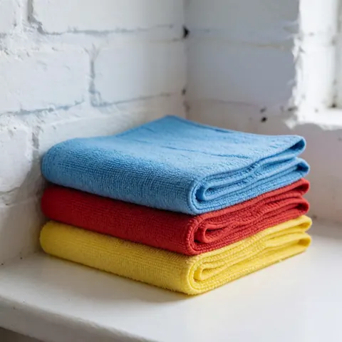 Pile de chiffons de nettoyage en microfibrose bleus, rouges et jaunes, pliés et prêts à l'emploi sur une surface blanche avec un mur de briques peint en blanc.