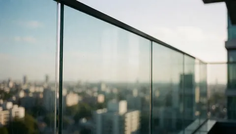 Fond de balcon en verre transparent et propre offrant une vue urbaine floue, idéal pour ajouter du texte commercial. Lumière douce et naturelle sans personnes ni saleté visible.