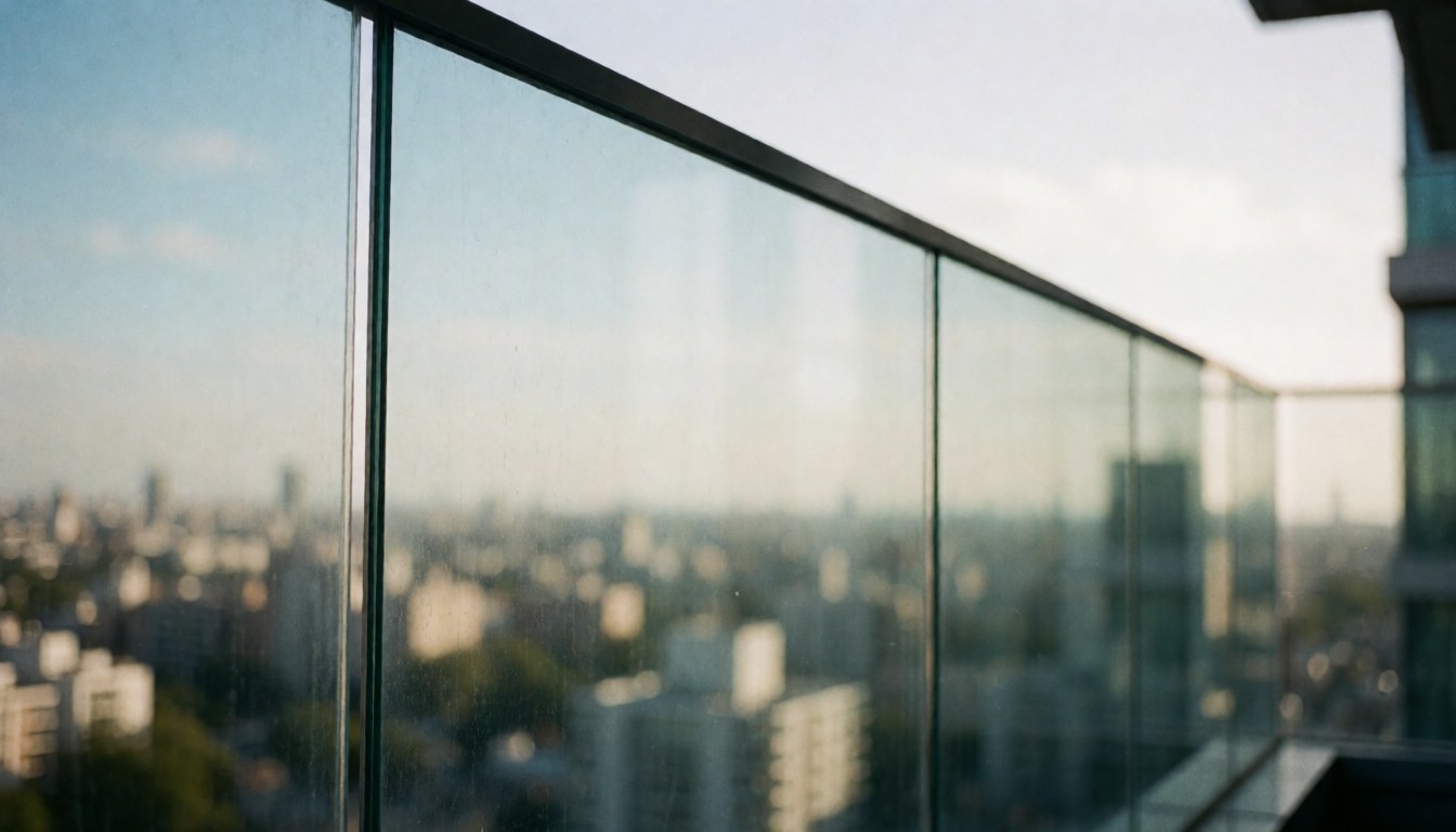 Fond de balcon en verre transparent et propre offrant une vue urbaine floue, idéal pour ajouter du texte commercial. Lumière douce et naturelle sans personnes ni saleté visible.