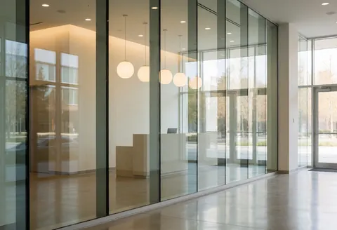 Entrée d'un bâtiment moderne avec murs vitrés, réception minimaliste, éclairage chaleureux et sol poli, ambiance professionnelle et propre.