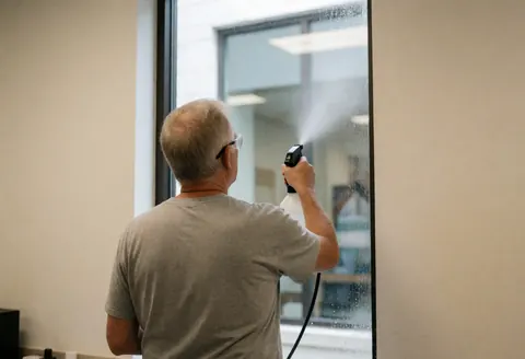 Un professionnel applique un produit nettoyant sur une vitre à l'aide d'un pulvérisateur, vu de dos, portant des lunettes de sécurité et devant un mur clair.
