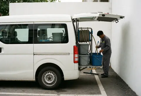 Un employé en tenue grise organise ses outils de nettoyage près d'une camionnette blanche équipée de seaux et de tuyaux dans un parking.
