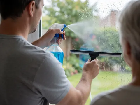Un homme en t-shirt gris vaporise un produit sur une vitre tout en tenant une raclette, tandis qu'une personne observe depuis le jardin en arrière-plan.