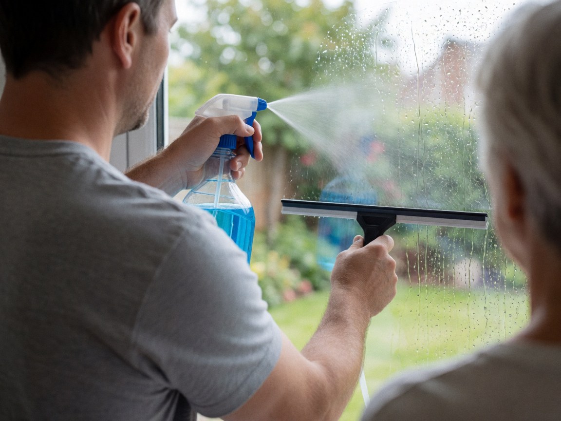 Un homme en t-shirt gris vaporise un produit sur une vitre tout en tenant une raclette, tandis qu'une personne observe depuis le jardin en arrière-plan.