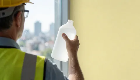 Un ouvrier en casque et gilet jaune nettoie une vitre haute avec un flacon, sur fond de ville floue et mur jaune.